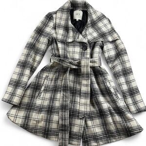Jack Plaid Coat Women’s Small Black White Belted Peacoat Wool Blend Jacket